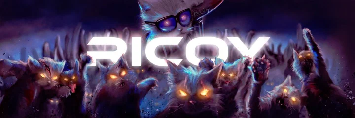 Banner de Ricoy con su nombre en blanco sobre una multitud de gatos